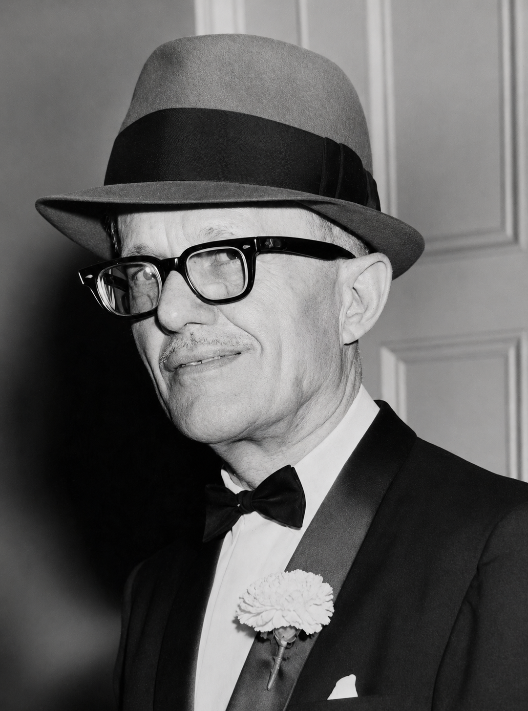 Black-and-white close portrait of a brother in tuxedo, fedora, and white boutonniere