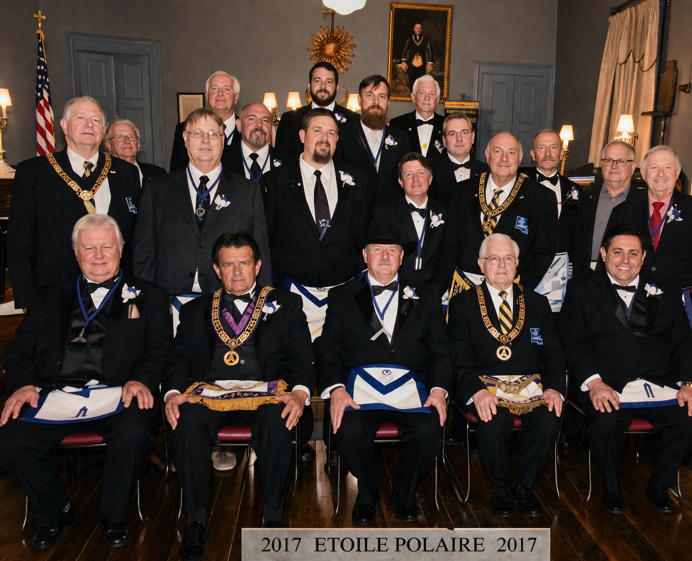 2017 Étoile Polaire Lodge group portrait with officers in Masonic aprons and chains of office in the lodge hall