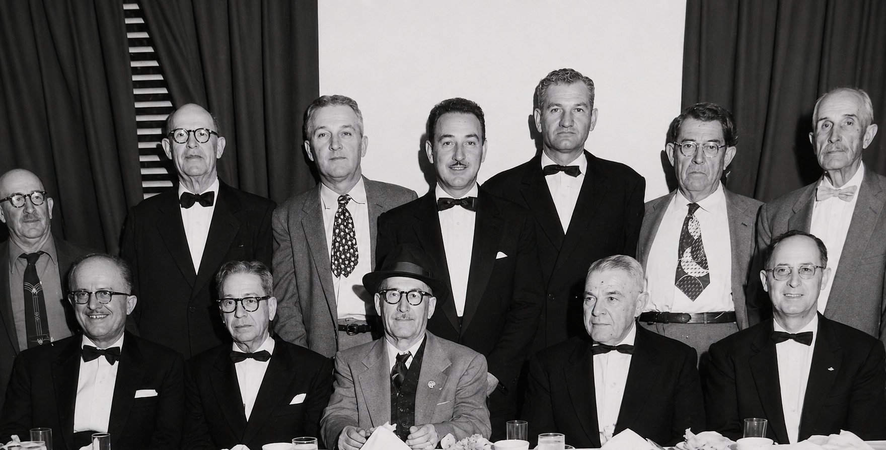 Lodge brothers in formal attire seated at a banquet dinner table, circa 1950s
