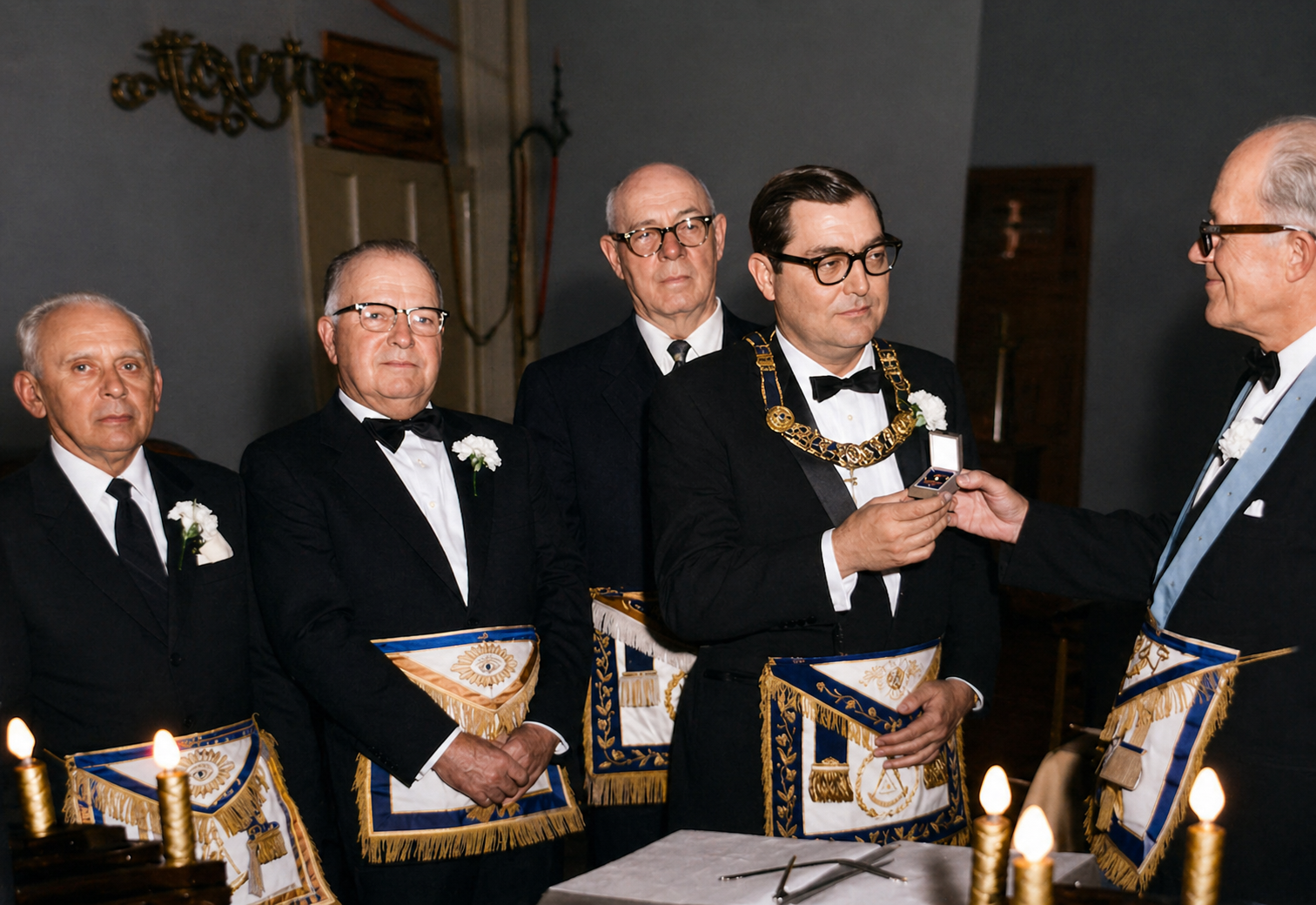 Five brothers in ornate Masonic aprons and regalia during a candlelit lodge ceremony