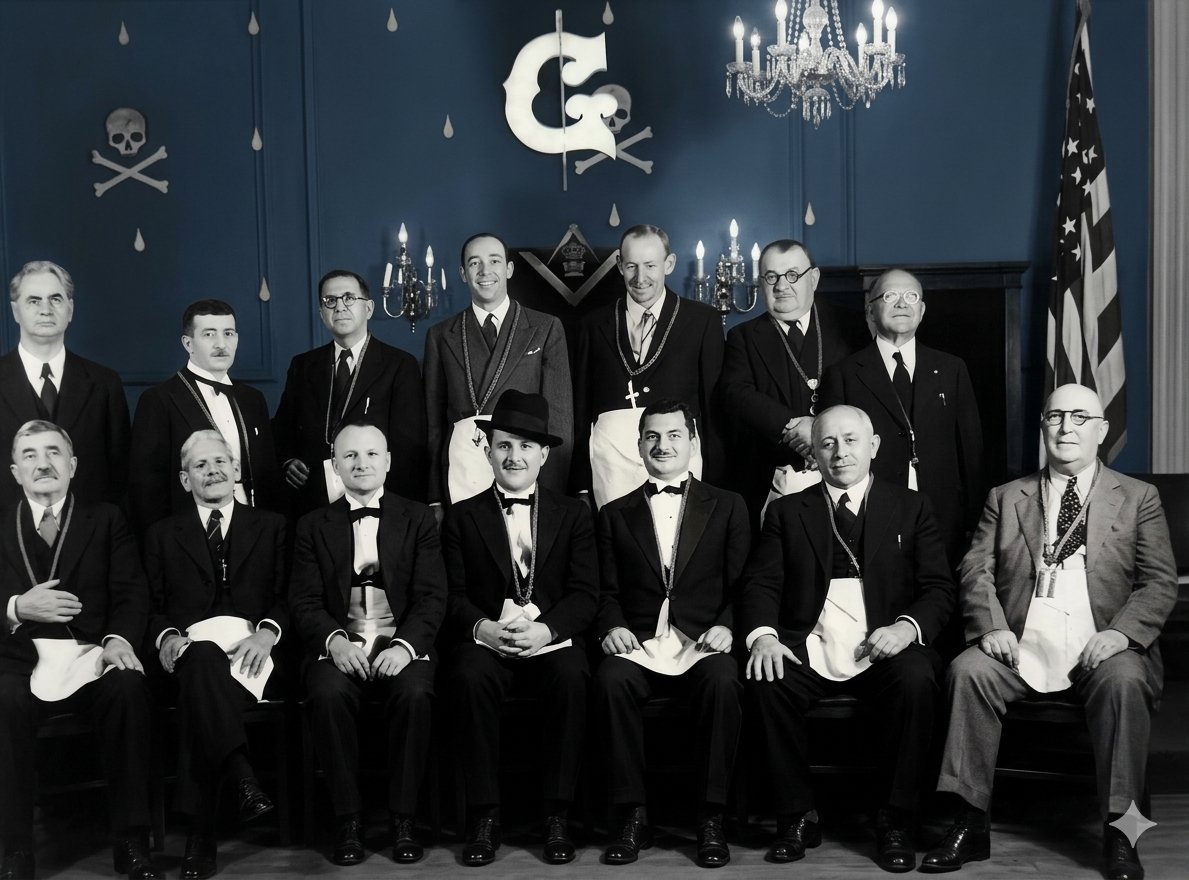 Lodge officers in Masonic aprons and regalia posed in the ceremonial blue room with chandelier and American flag