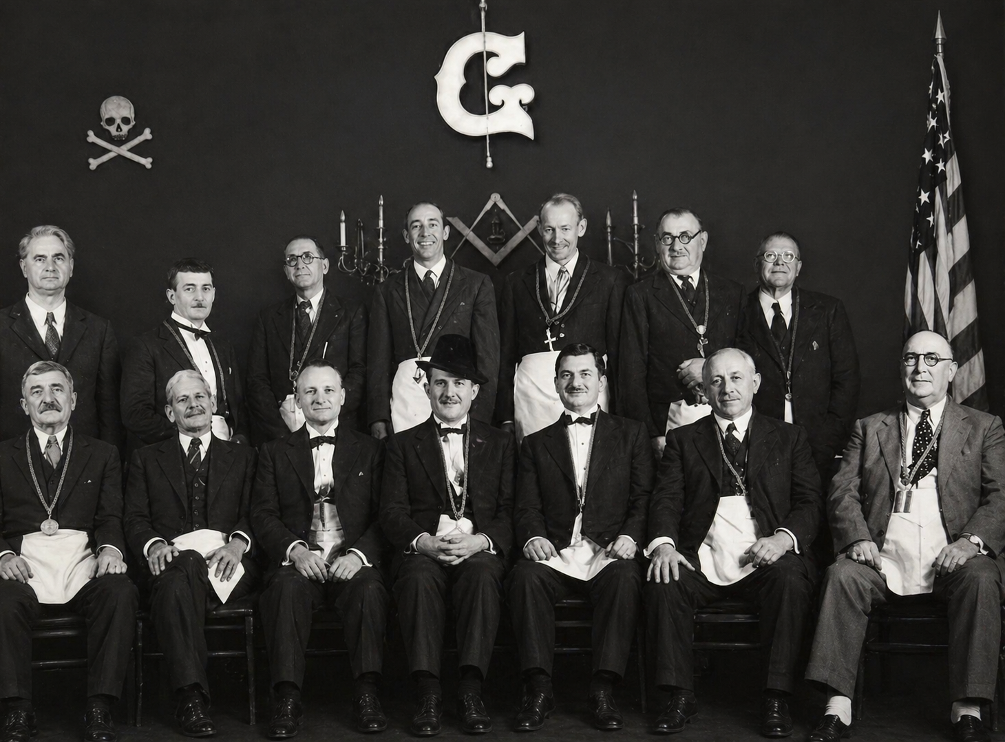 Lodge officers in suits and Masonic aprons posed beneath the skull and crossbones and square and compass symbols with American flag, 1950s