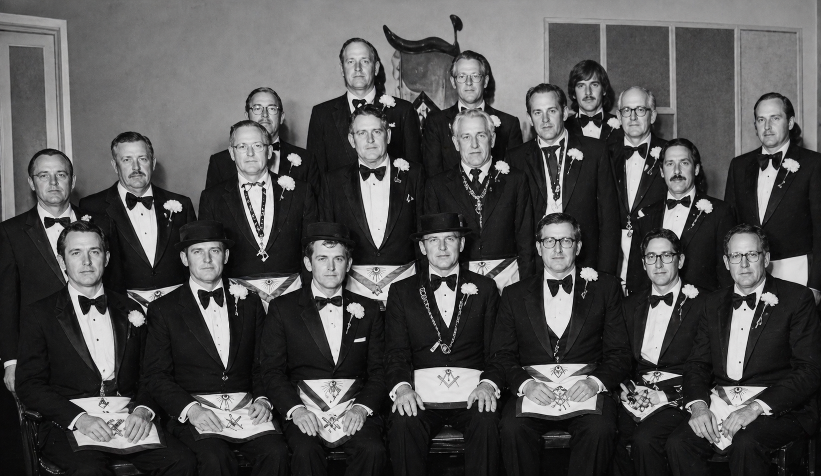 Large group of lodge officers in tuxedos and Masonic aprons posed for a formal portrait, 1970s