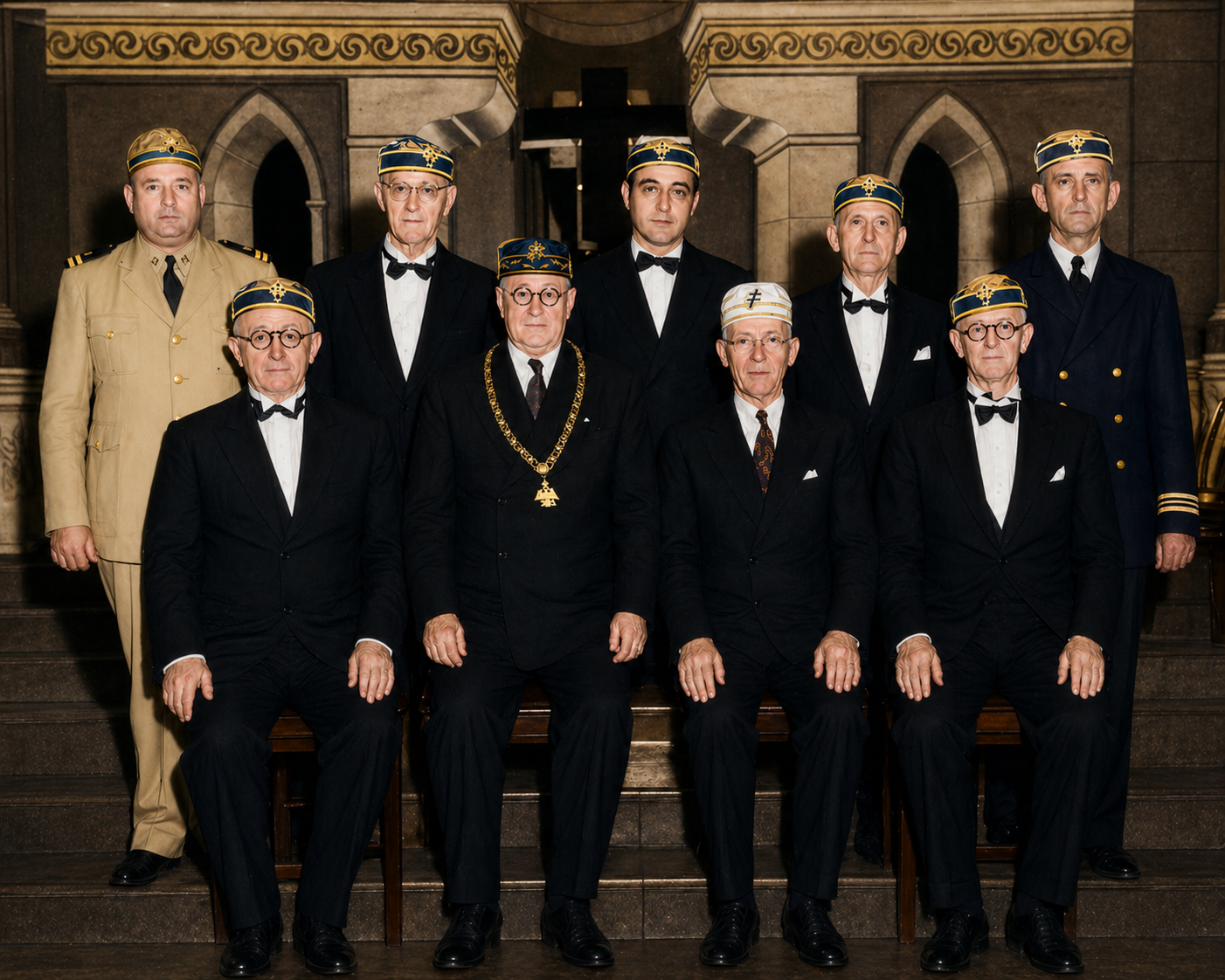 Nine Masonic officers in formal attire wearing blue and gold caps with chain of office, posed in a grand hall