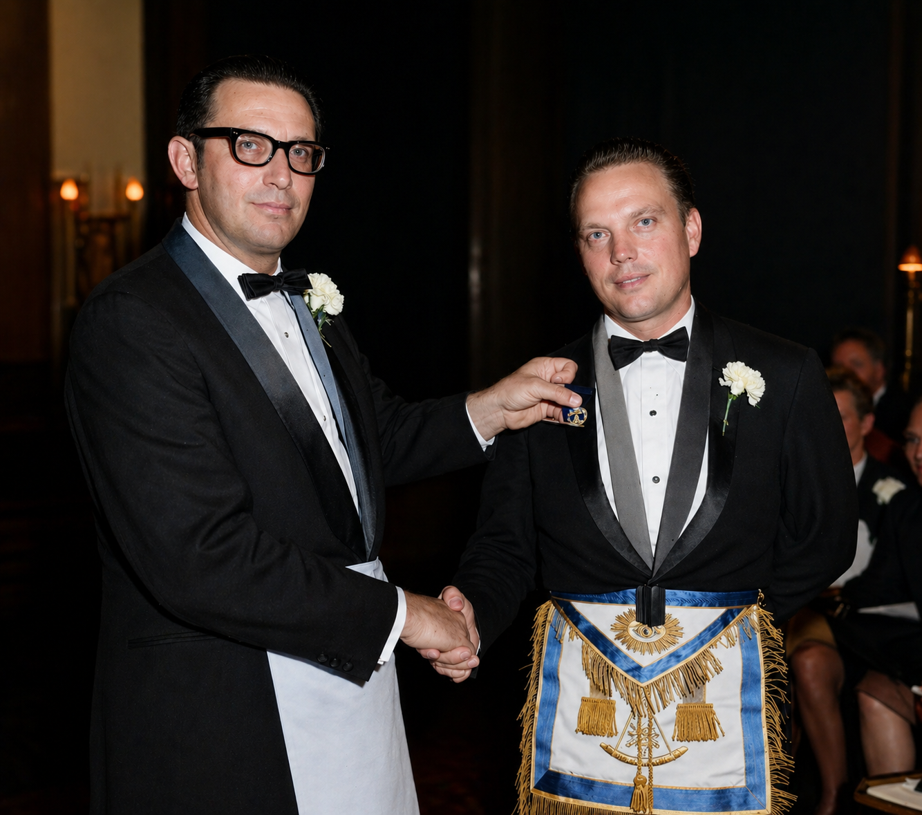 Two brothers in tuxedos at a Masonic ceremony — one presenting a pin to the other while shaking hands