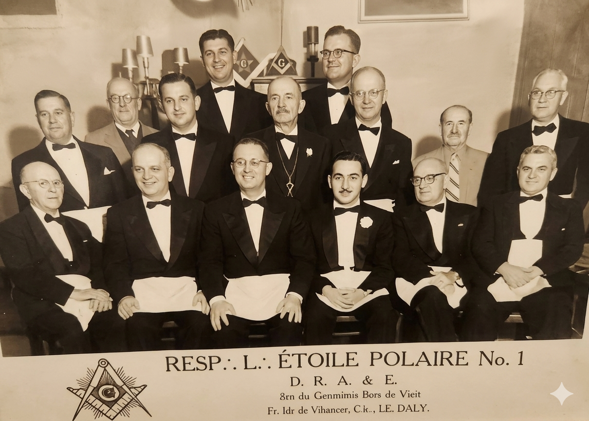 Resp. L. Étoile Polaire No.1 D.R.A.E. officers in tuxedos and Masonic aprons, sepia portrait